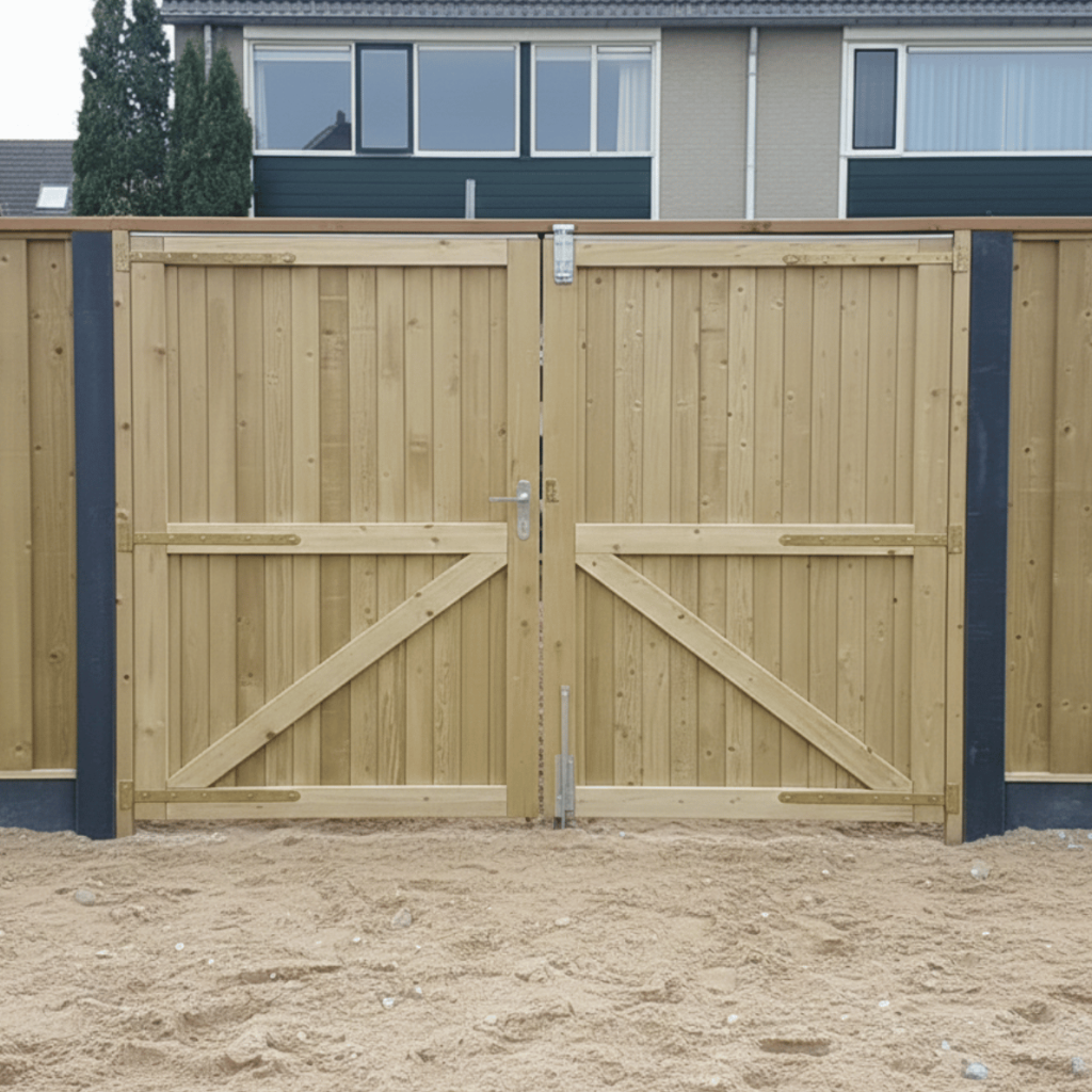 Dubbele poort van geïmpregneerd hout in tuinafscheiding