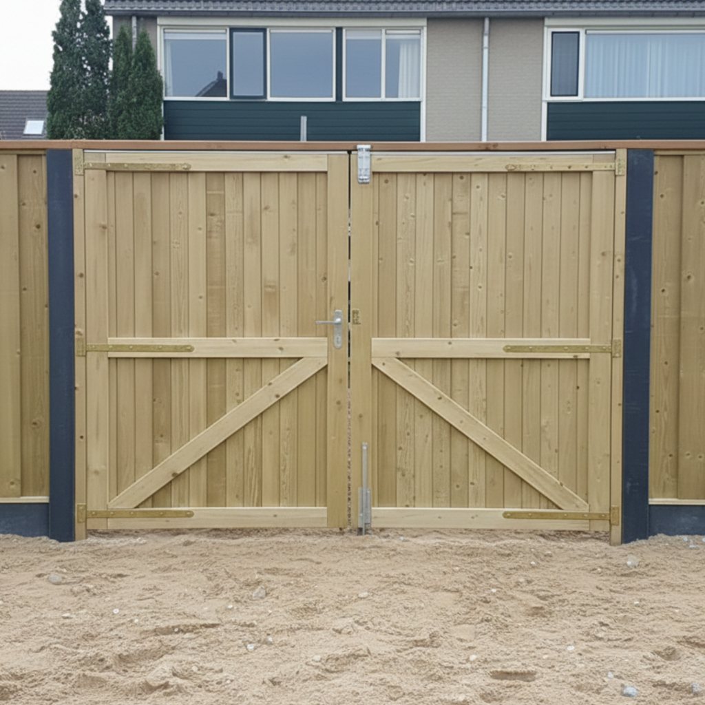 Dubbele poort van geïmpregneerd hout in tuinafscheiding