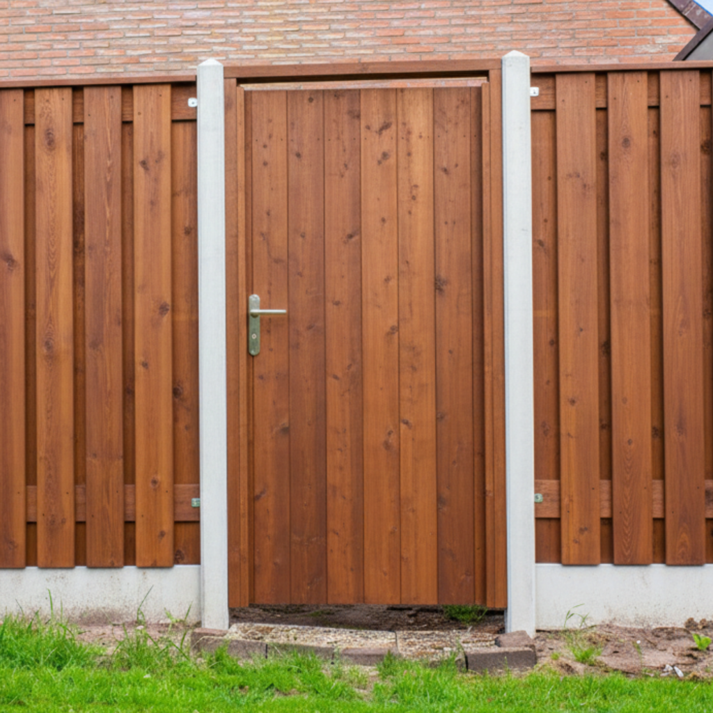 Enkele poort van hardhout in tuinafscheiding