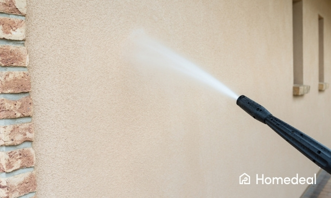 Gevel die wordt gereinigd met een spuitlans om vuil, aanslag of verkleuring te verwijderen.