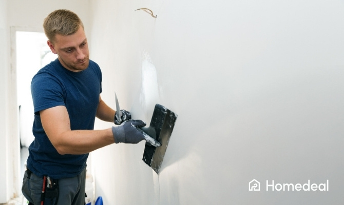 Stukadoor aan het stukadoren van een binnenmuur met een plamuurmes tijdens renovatiewerken.