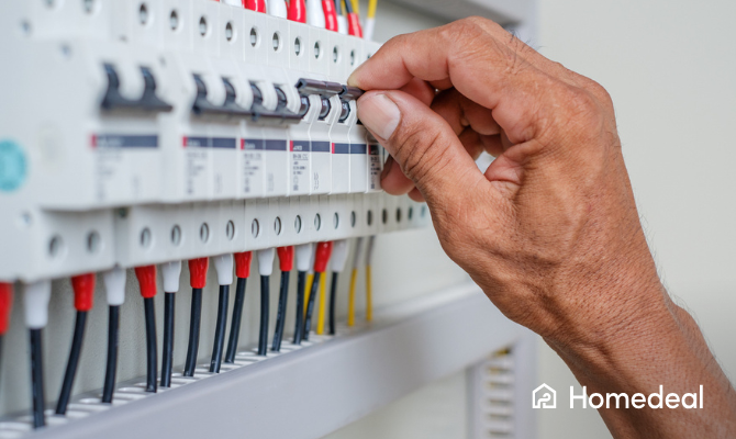 Close up van een hand die een schakelaar omzet in een zekeringkast