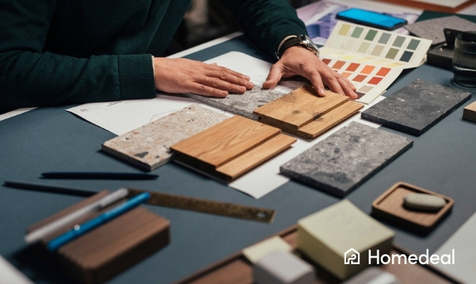 Handen van een anonieme mannelijke interieurarchitect die monsters van verschillende materialen in zijn kantoor vergelijkt.