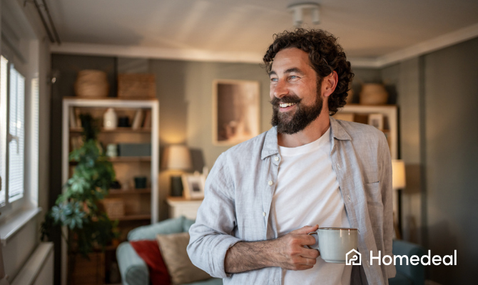 Man met baard en kopje koffie staat in zijn aangename woonkamer en kijkt vrolijk naar buiten