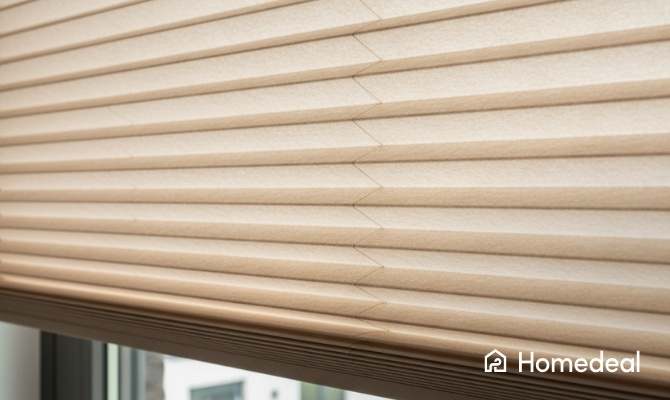 Close-up van een beige duettegordijn met honingraatstructuur, gemonteerd voor een raam met uitzicht op een balkon.