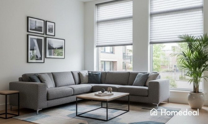 Moderne woonkamer met grijze hoekzetel en grote ramen voorzien van lichtgrijze plisségordijnen, met een minimalistisch interieur en zwart-witte wanddecoratie.