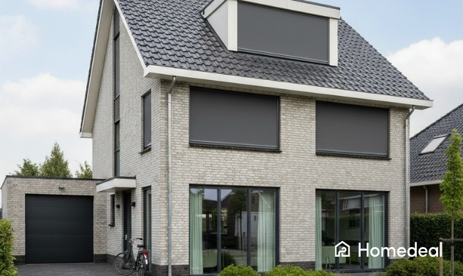 Moderne vrijstaande woning met grijze screens als buitenzonwering, strak geïntegreerd in de gevel met grote ramen en aangelegde voortuin.
