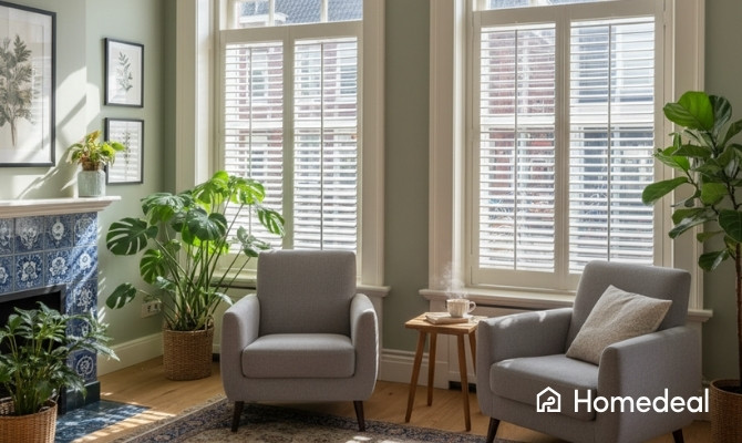 Stijlvolle woonkamer met hoge boogramen en witte houten shutters, ingericht met grijze fauteuils, kamerplanten en een oosters tapijt.