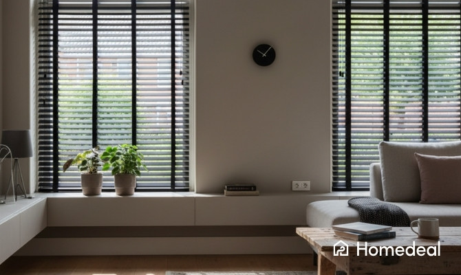 Moderne woonkamer met zwarte jaloezieën voor hoge ramen, ingericht met een houten salontafel, lichte sofa en natuurlijke elementen.
