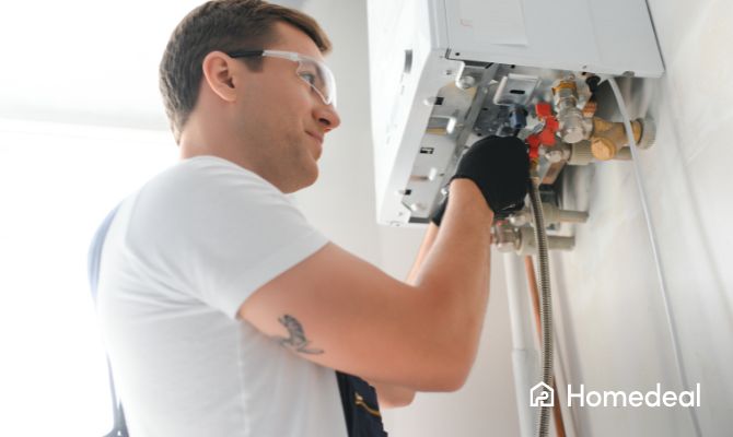 Monteur is bezig met gas ketel onderhoud aan de onderkant van de installatie