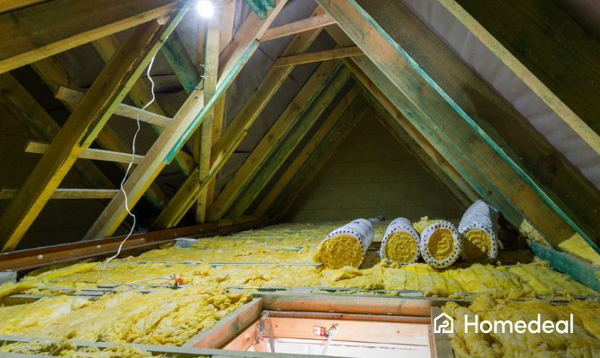 Lege zolder in huis met minerale wol zoldervloer isolatie