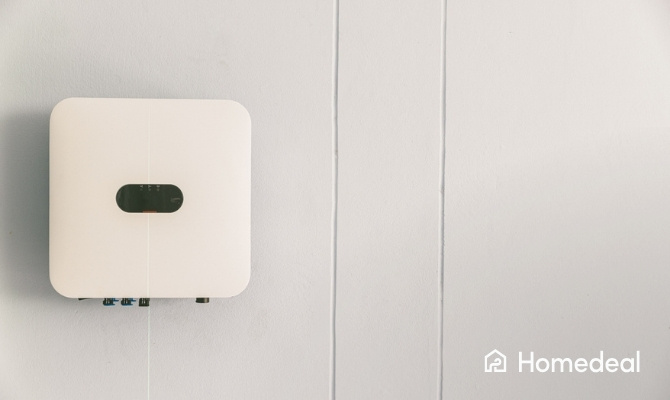 Zonnepanelen omvormer gemonteerd aan een witte muur, die de opgewekte stroom van zonnepanelen omzet voor huishoudelijk gebruik.