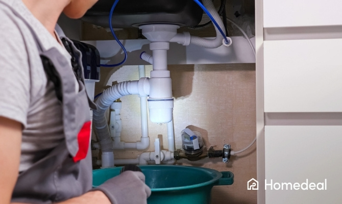 Loodgieter aan het werk onder de keukenkraan, bezig met het controleren en herstellen van de afvoer en waterleidingen.