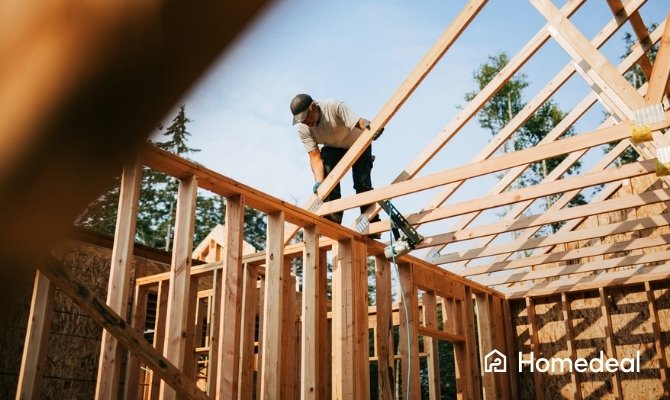 Bouwvakker is een houten framework aan het bouwen van een huis