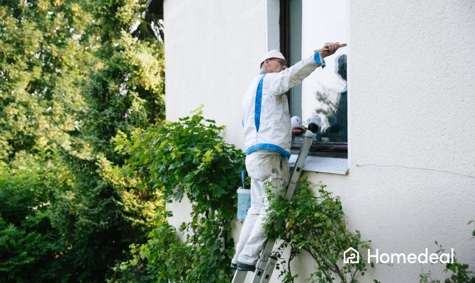 Schilder in witte werkoutfit staat op een ladder en schildert de kozijnen van een raam tijdens buitenschilderwerken aan een woning. Groene planten groeien langs de gevel omhoog.