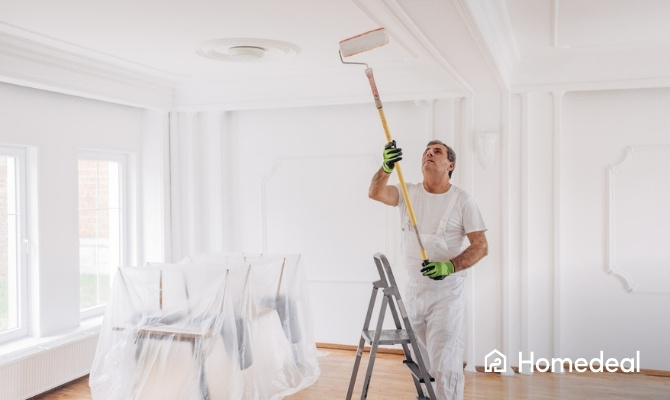 Schilder in witte overall staat op een trap en verft het plafond wit met een verfroller op een telescoopsteel. Meubels in de kamer zijn afgedekt met plastic folie.