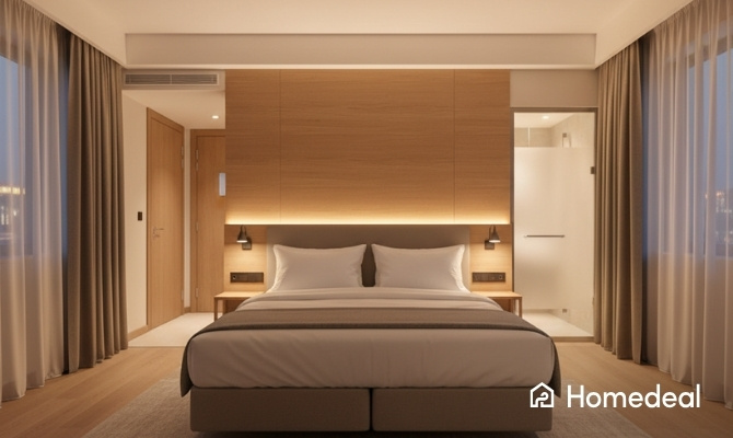 Moderne hotelkamer met plafondroosters van een onzichtbare kanaal airco