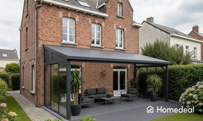 Moderne aluminium veranda aan een gerenoveerde bakstenen woning, met glazen wanden, overdekt terras en comfortabele loungeset.