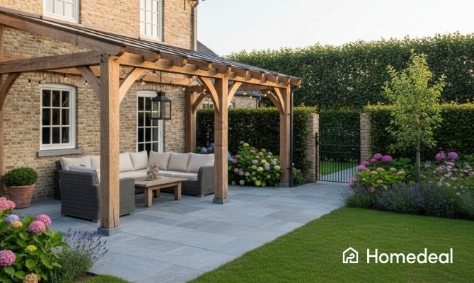 Landelijke woning met houten veranda en overdekt terras, voorzien van een comfortabele loungeset en omringd door een groene tuin met hortensia’s.