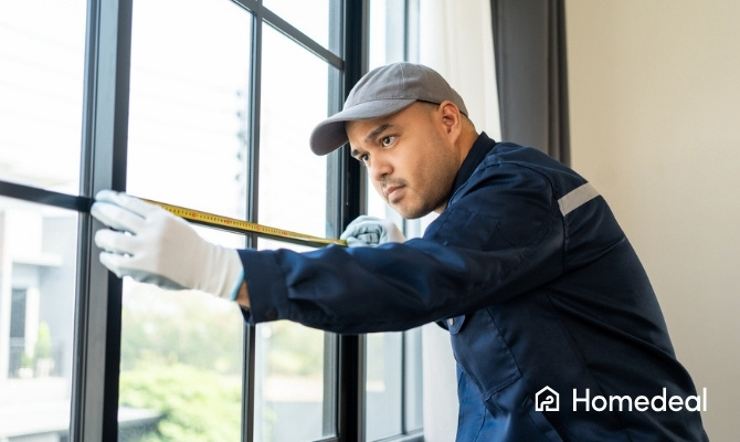Vakman berekent en meet ramen op maat in een woning ter voorbereiding van nieuwe raaminstallatie.