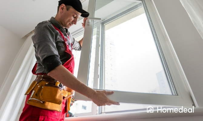 Vakman bezig met ramen plaatsen en correct afstellen van een nieuw raam in een woning.