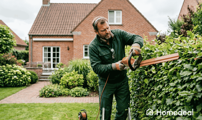 Jardinier professionnel taille une haie de hêtre dans un jardin résidentiel en Belgique - Homedeal