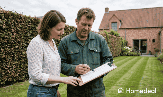 ardinier professionnel présente un devis d'entretien jardin à une propriétaire dans son jardin en Belgique - Homedeal