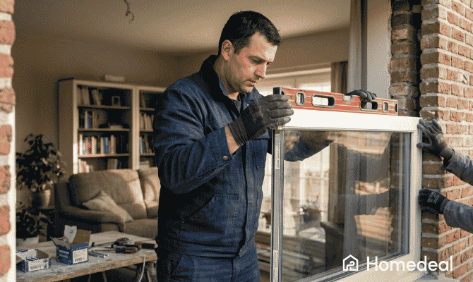 Installateur pose une fenêtre PVC à double vitrage HR++ dans une maison résidentielle belge - Homedeal 