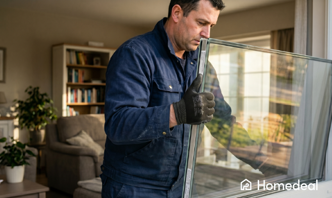 Vitrier installe un double vitrage isolant dans une fenêtre PVC d'une maison résidentielle belge - Homedeal
