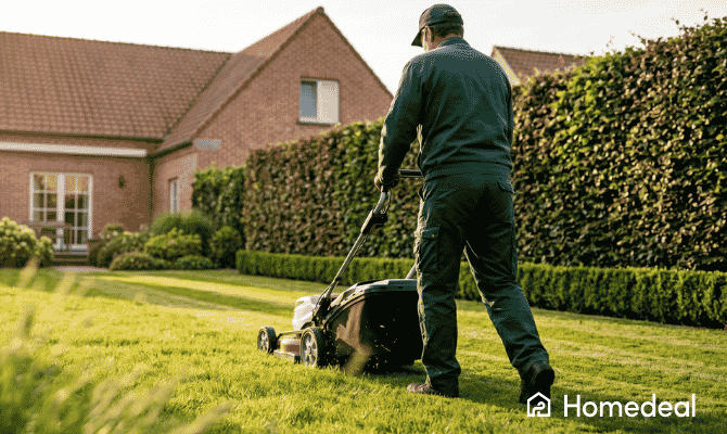 Jardinier professionnel tond une pelouse en bandes parallèles dans un jardin résidentiel belge - Homedeal