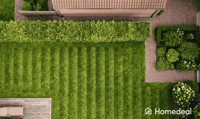 Vue aérienne d'une pelouse parfaitement tondue avec des bandes parallèles dans un jardin belge - Homedeal